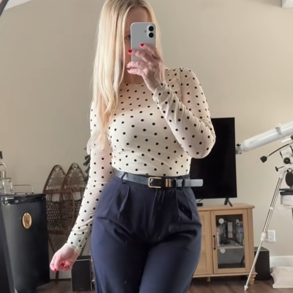 Cream Off White Polka Dot Mesh Sheer Long Sleeve Tee Shirt Top - Picture 12 of 13